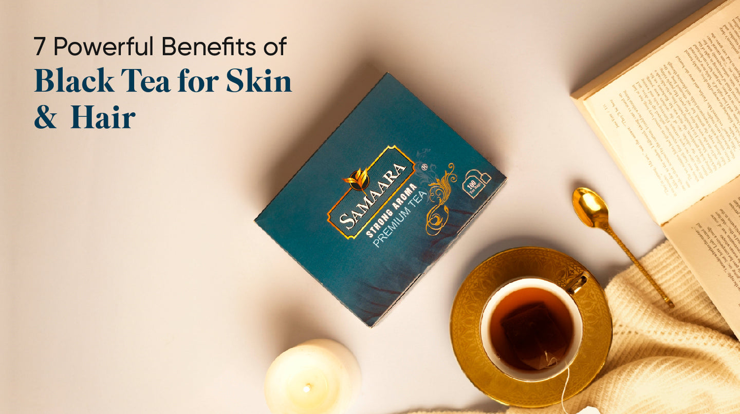 The image presents a cozy and inviting still life composition centered around the theme of black tea and its benefits for skin and hair.