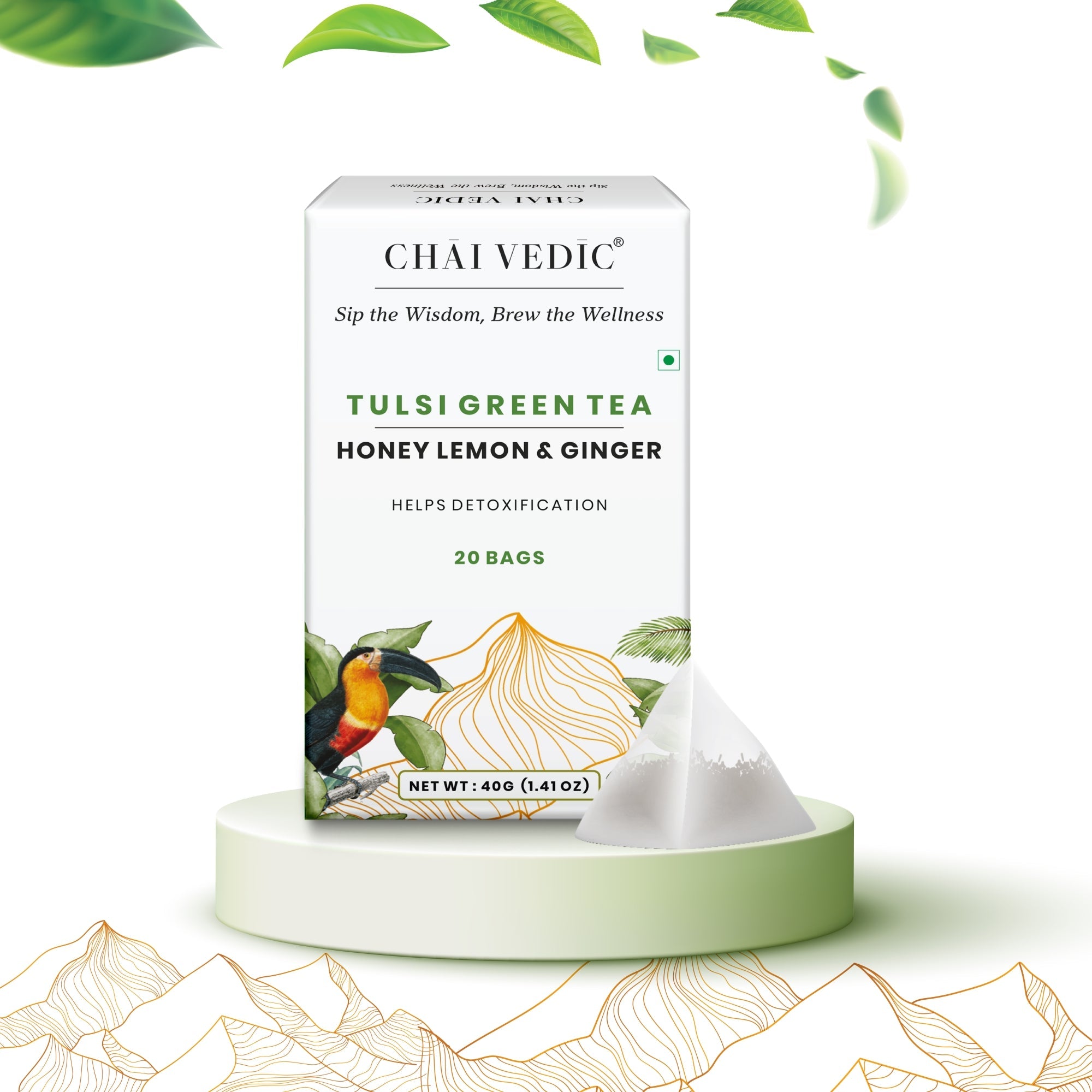 Chai Vedic Tea | Tulsi Green Tea Infused with Honey Lemon Ginger | 20 Tea Bags