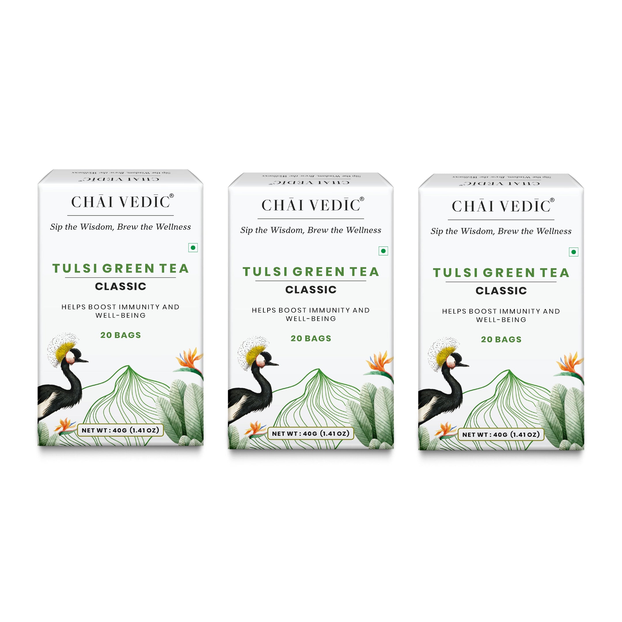 Chai Vedic Tea | Paper Pyramid Classic Tulsi Green Tea | 20 Tea Bags Box