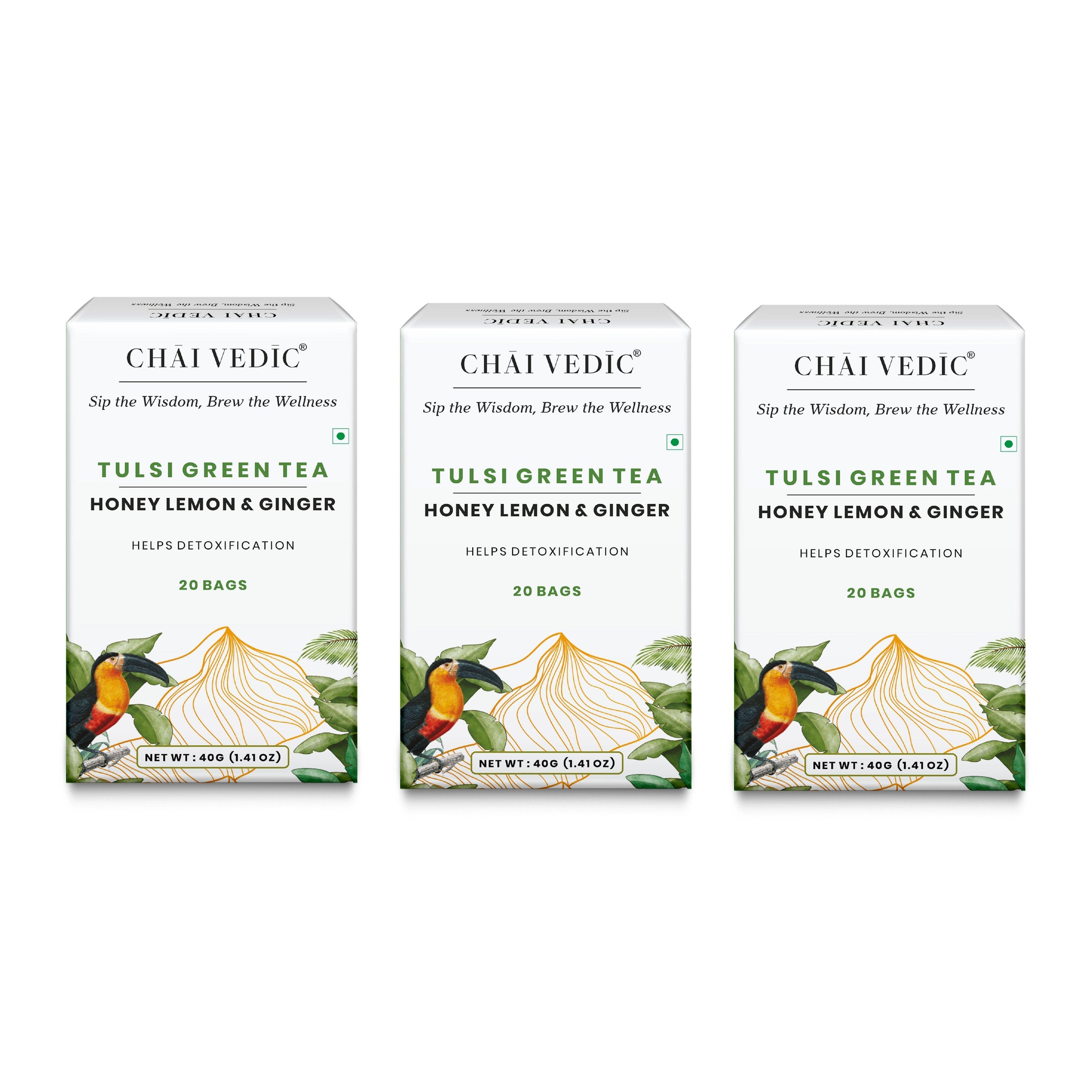 Chai Vedic Tea | Tulsi Green Tea Infused with Honey Lemon Ginger | 20 Tea Bags