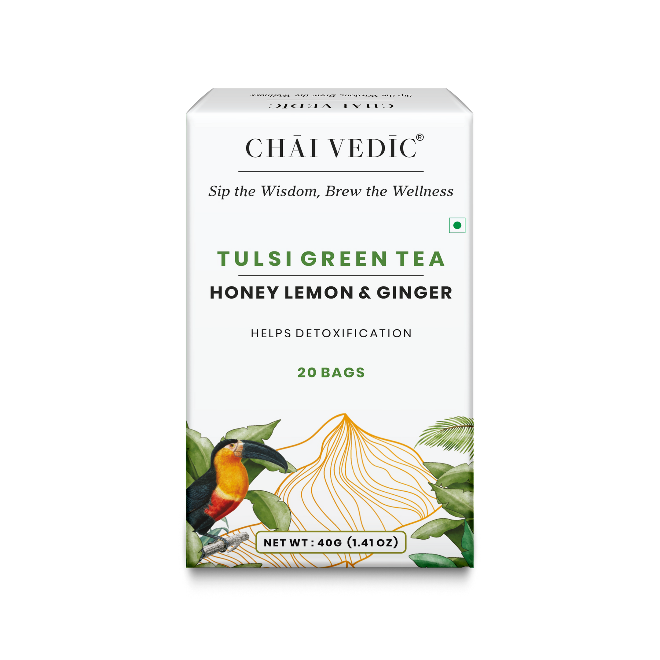 Chai Vedic Tea | Tulsi Green Tea Infused with Honey Lemon Ginger | 20 Tea Bags