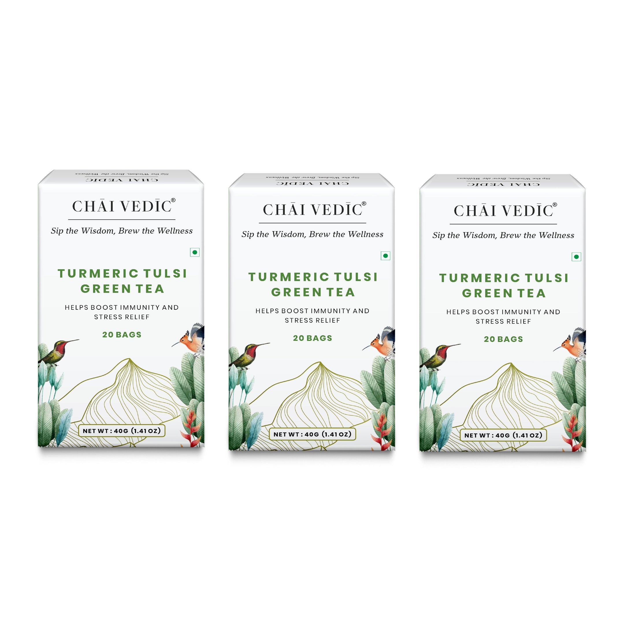 Chai Vedic Tea | Turmeric Tulsi Herbal Infusion Green Tea | 20 Tea Bags