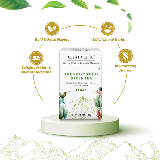 Chai Vedic Tea | Turmeric Tulsi Herbal Infusion Green Tea | 20 Tea Bags