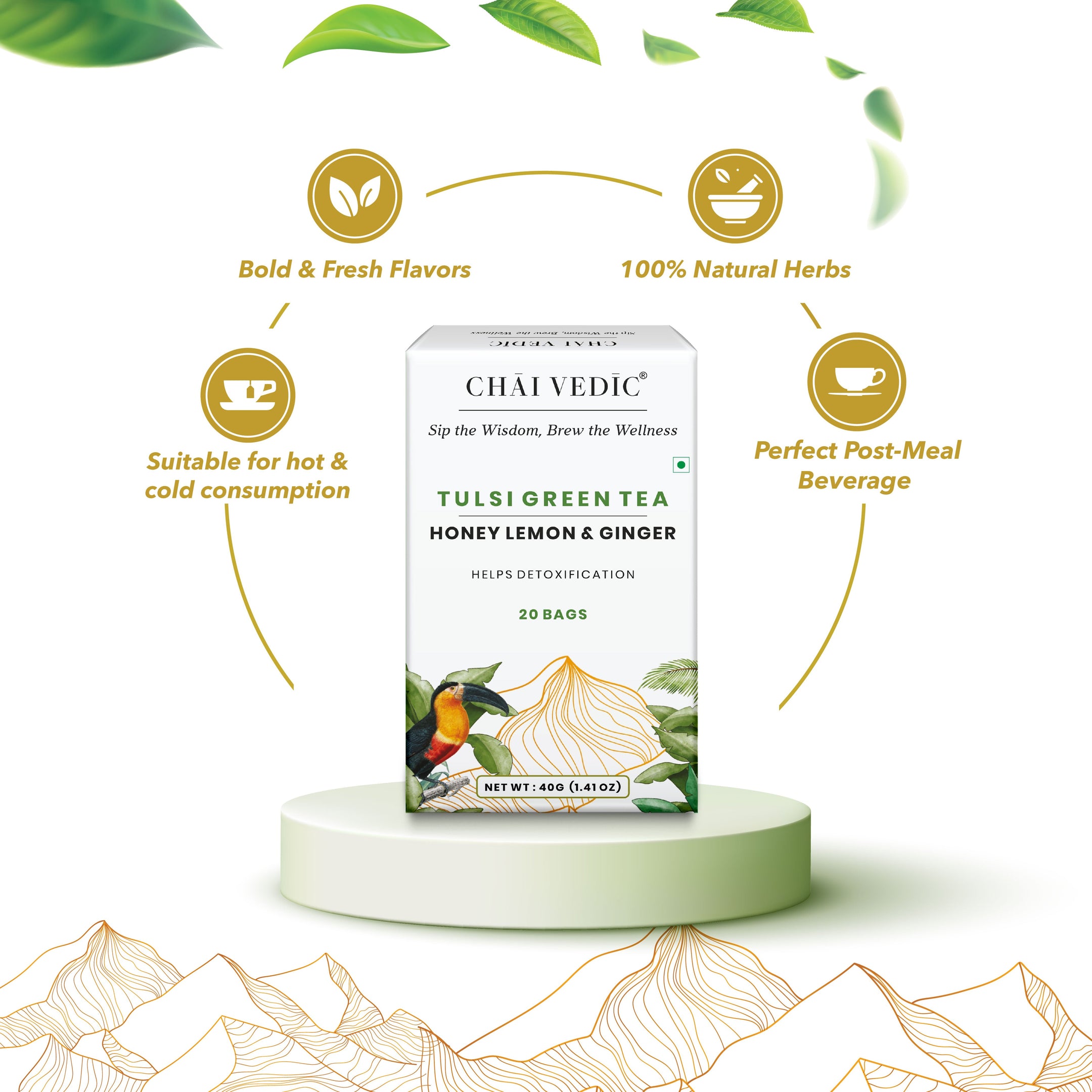 Chai Vedic Tea | Tulsi Green Tea Infused with Honey Lemon Ginger | 20 Tea Bags