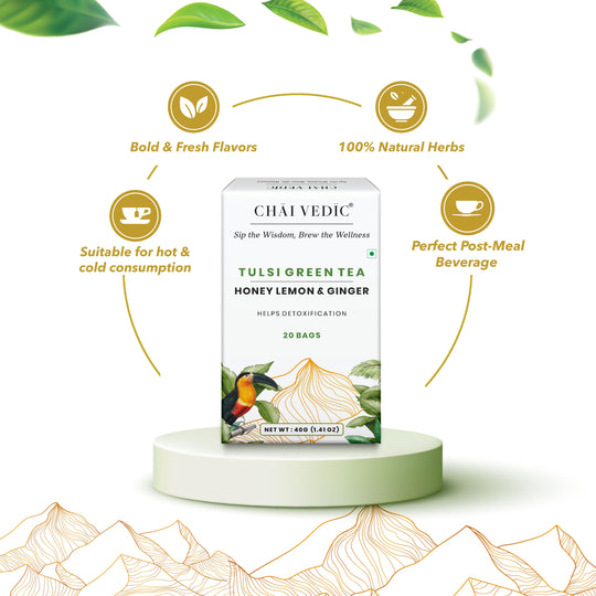 Chai Vedic Tea | Tulsi Green Tea Infused with Honey Lemon Ginger | 20 Tea Bags