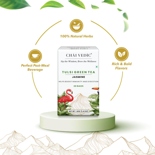 Chai Vedic Tea | Tulsi Green Tea Infused with Honey Lemon Ginger | 20 Tea Bags