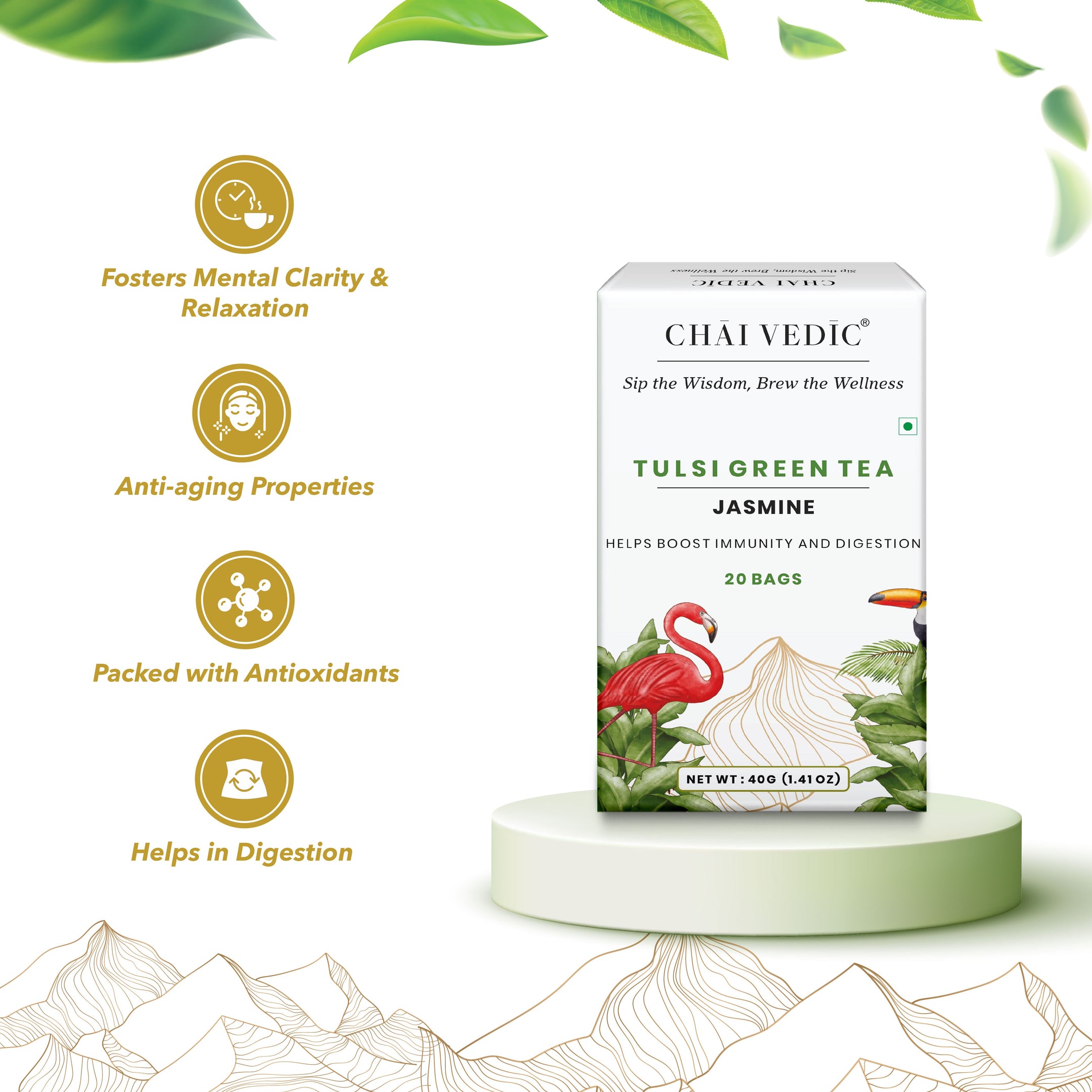 Chai Vedic Tea | Tulsi Green Tea Infused with Honey Lemon Ginger | 20 Tea Bags