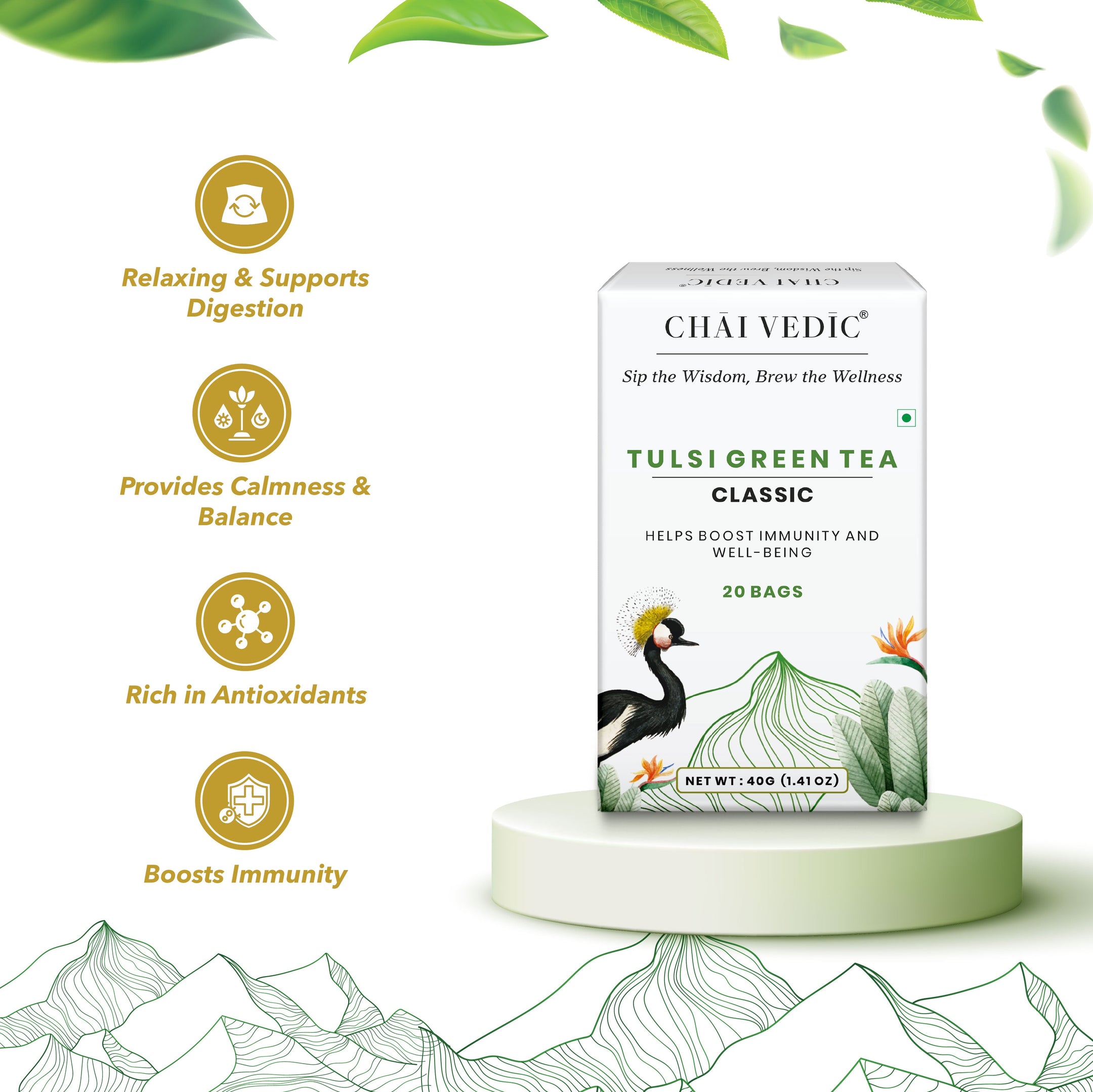 Chai Vedic Tea | Tulsi Classic Herbal Infusion Green Tea | 20 Tea Bags