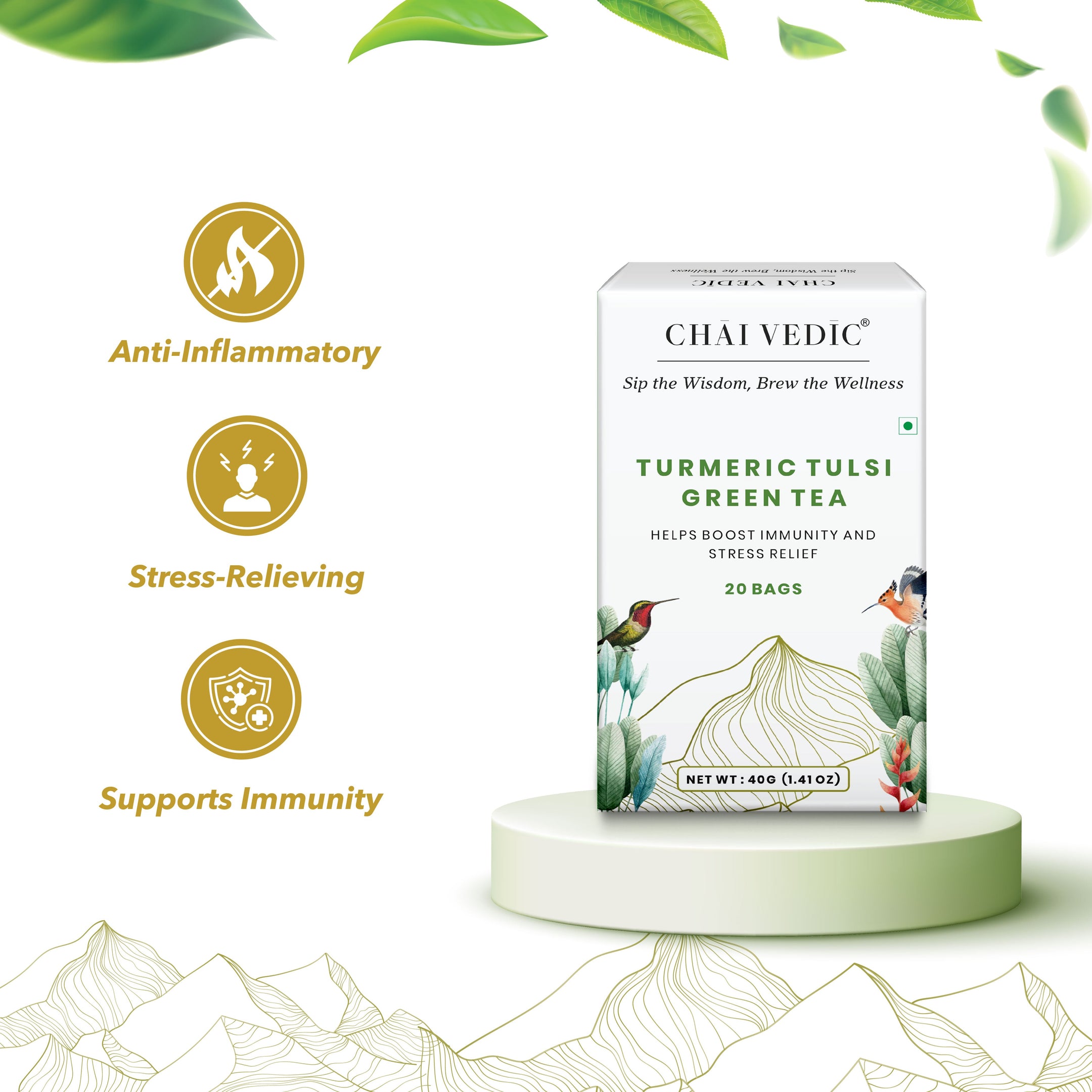 Chai Vedic Tea | Turmeric Tulsi Herbal Infusion Green Tea | 20 Tea Bags
