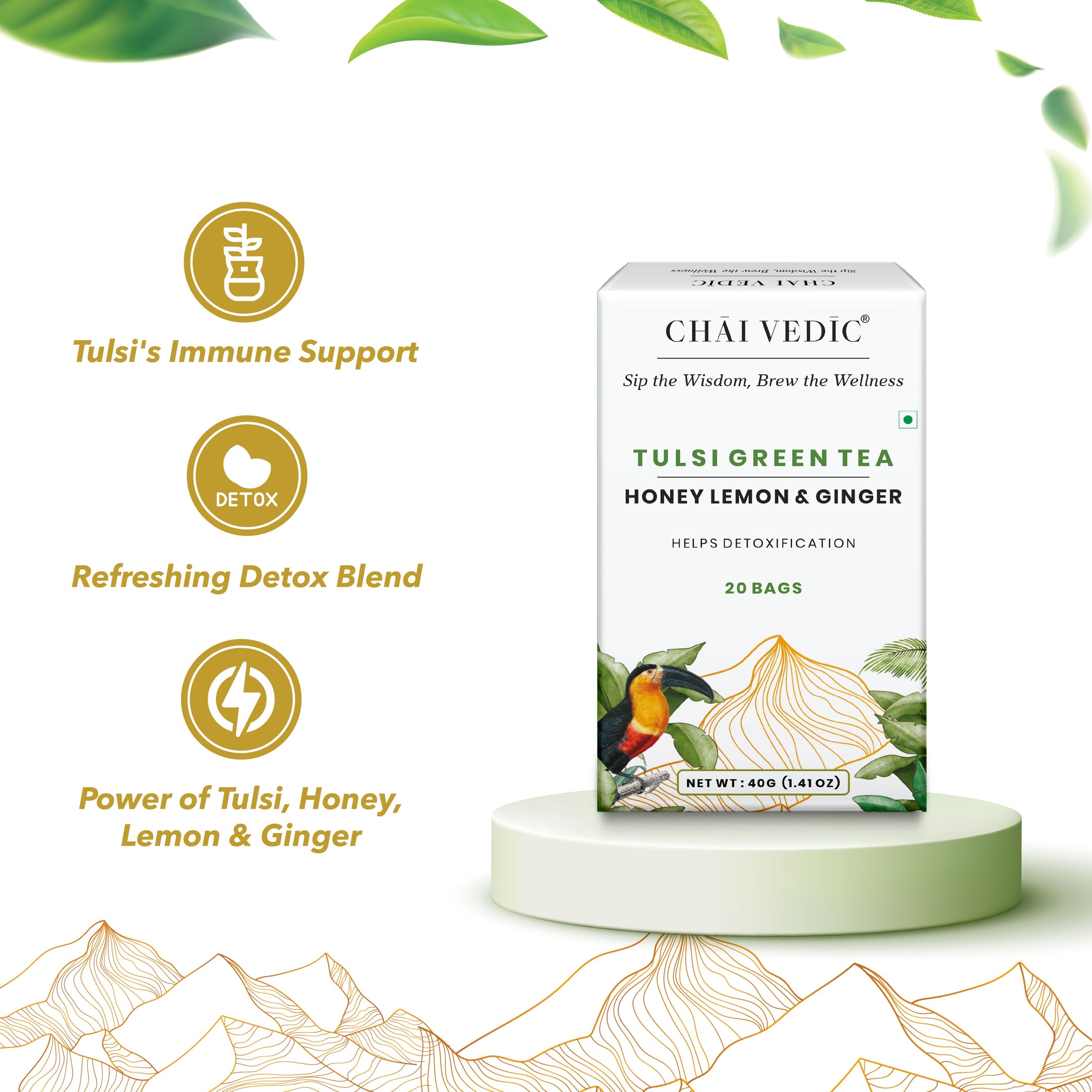 Chai Vedic Tea | Tulsi Green Tea Infused with Honey Lemon Ginger | 20 Tea Bags