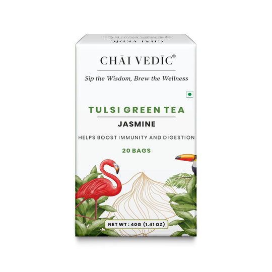 Chai Vedic Tea | Paper Pyramid Jasmine Tulsi Green Tea | 20 Tea Bags