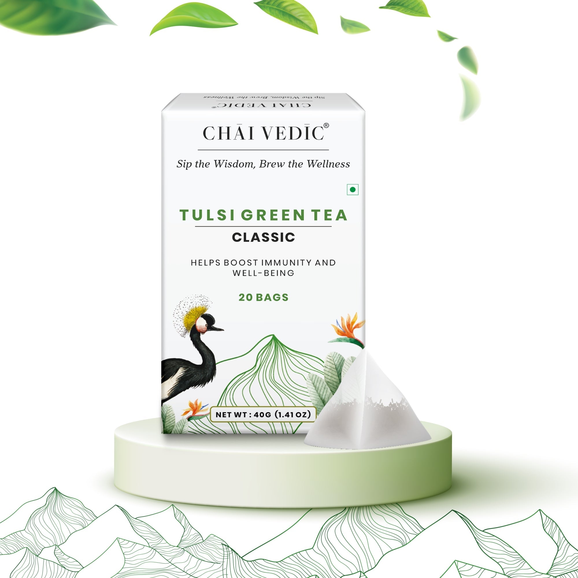 Chai Vedic Tea | Paper Pyramid Classic Tulsi Green Tea | 20 Tea Bags Box